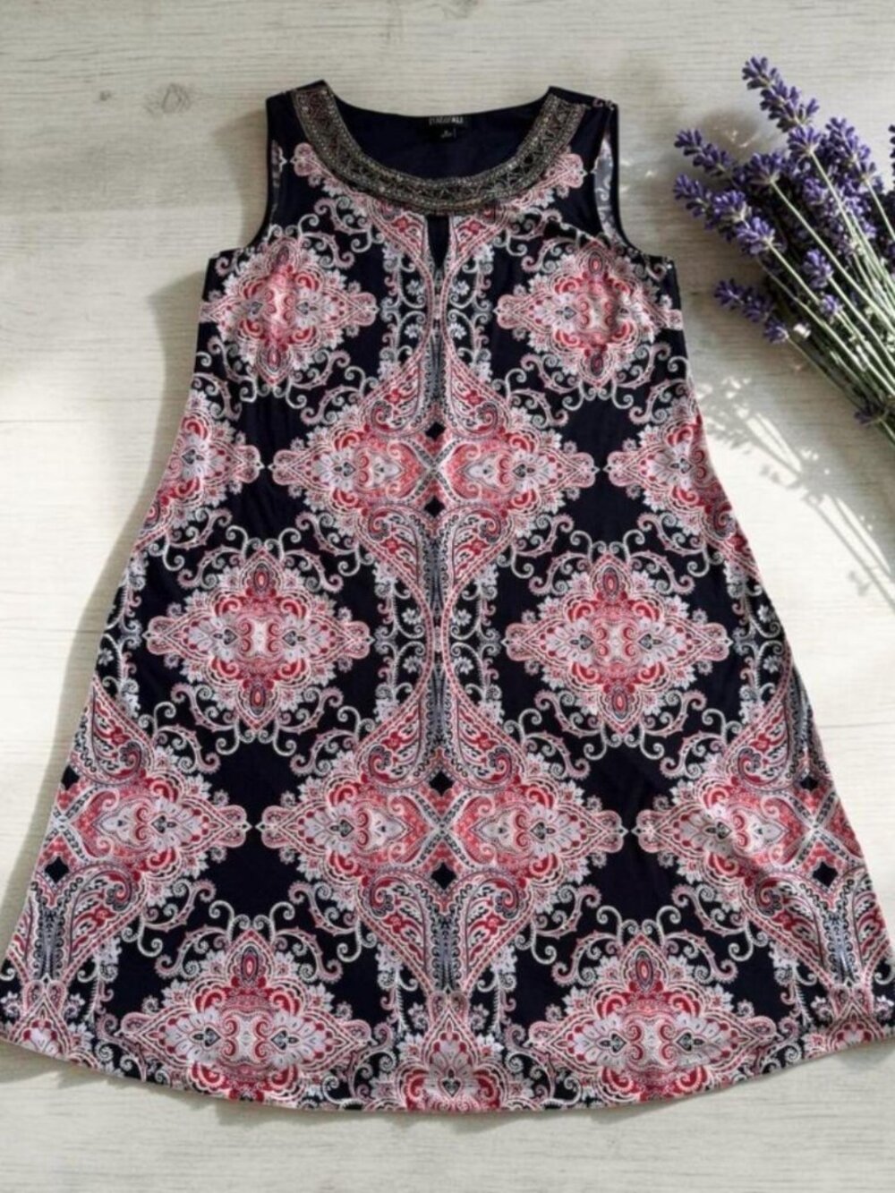 Roz & Ali Womens 8 Boho Paisley Dress Beaded Neck Sleeveless NWT